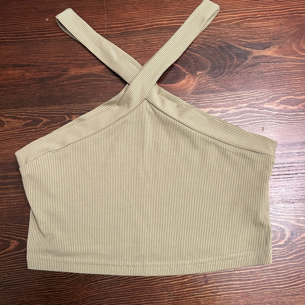 Crisscross Halter Ribbed Crop Top - Tan